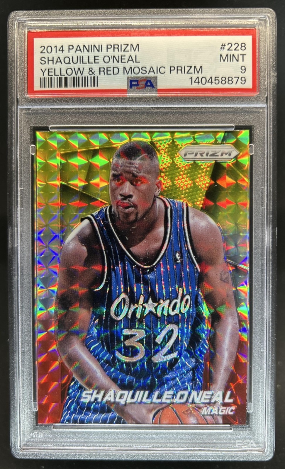 2014-15 Panini Prizm Shaquille O'Neal Prizm Yellow and Red Mosaic #228 PSA 9 view 1
