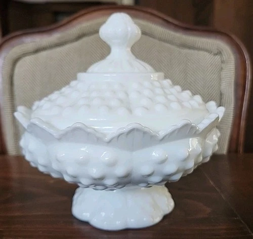 Vintage Fenton Hobnail Milk Glass Lidded Candy Dish Pedestal MCM