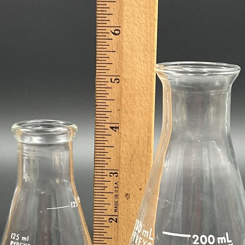 Erlenmeyer Bottiglie Bocca Stretta Vetro Bicchieri 300 250 125ml Set di 3 Pyrex USA - Foto 12 di 12