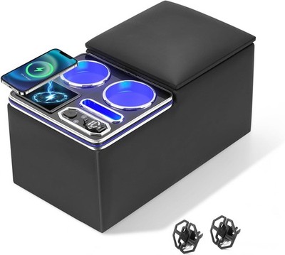 Car Center Console Organizer LED Cup Holder Wireless