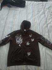 Vintage Ed Hardy Embroidered Graphic Print Brown Full Zip Hoodie Men's Size L