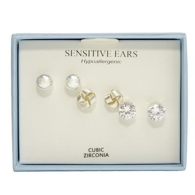 Cubic Zirconia Fashion Stud Silver-tone Earrings 3 Pairs Gift Box