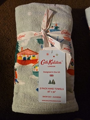 Cath Kidston London Snow Day  Duckegg Set Of 2 Hand Towels 16x30 Inch NWT. 