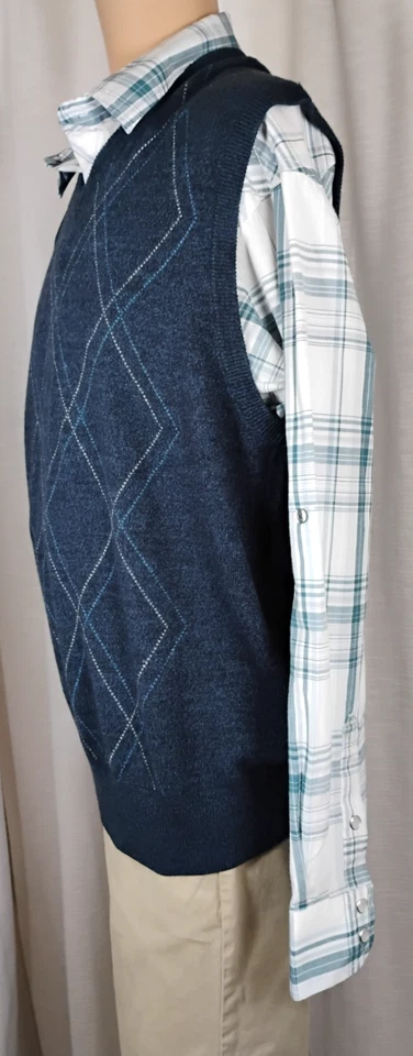 Mens XL Set Blue V-Neck Argyle Sweater Vest +White Blue Plaid Shirt Academia Y2K - Image 2 of 4