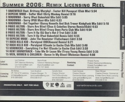 Summer 2006: Remix Licensing Reel 15-Track PROMO MUSIC AUDIO CD Madonna remixes!
