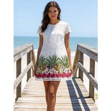 Desigual White Eyelet Boho Sheath Dress Size 8 EU 42 Summer Floral Design Denver