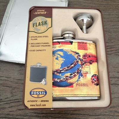 NIB Vintage Fossil Antique Map Stainless Steel Hip Flask Secure screw-top 5oz