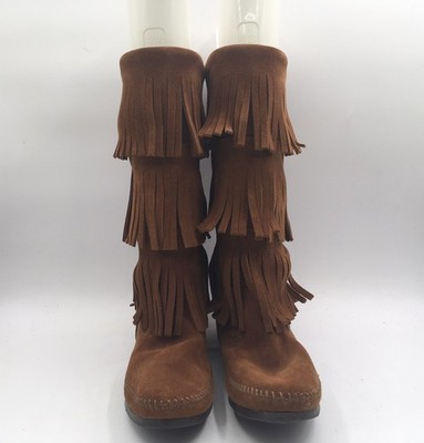 Minnetonka Moccasin Brown Suede 3 Layer Fringe Boots 1632 Size 7 EUC