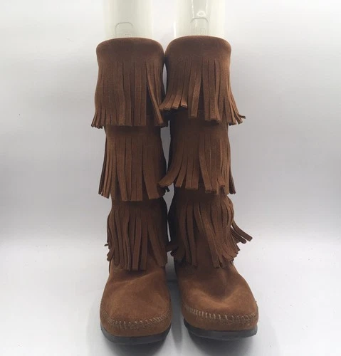 Minnetonka Moccasin Brown Suede 3 Layer Fringe Boots 1632 Size 7 NWOB