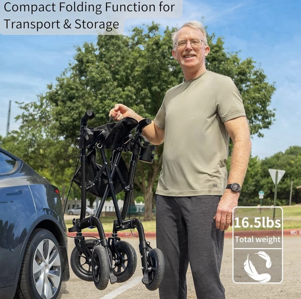 HENMNII All Terrain Rollator Walker for Seniors w/ Seat 8” Front Wheels - Black - Image 3 of 4