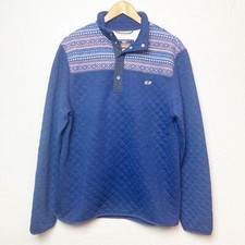Vineyard Vines Holiday Fair Isle Fleece Pullover Sweater Snap Blue M