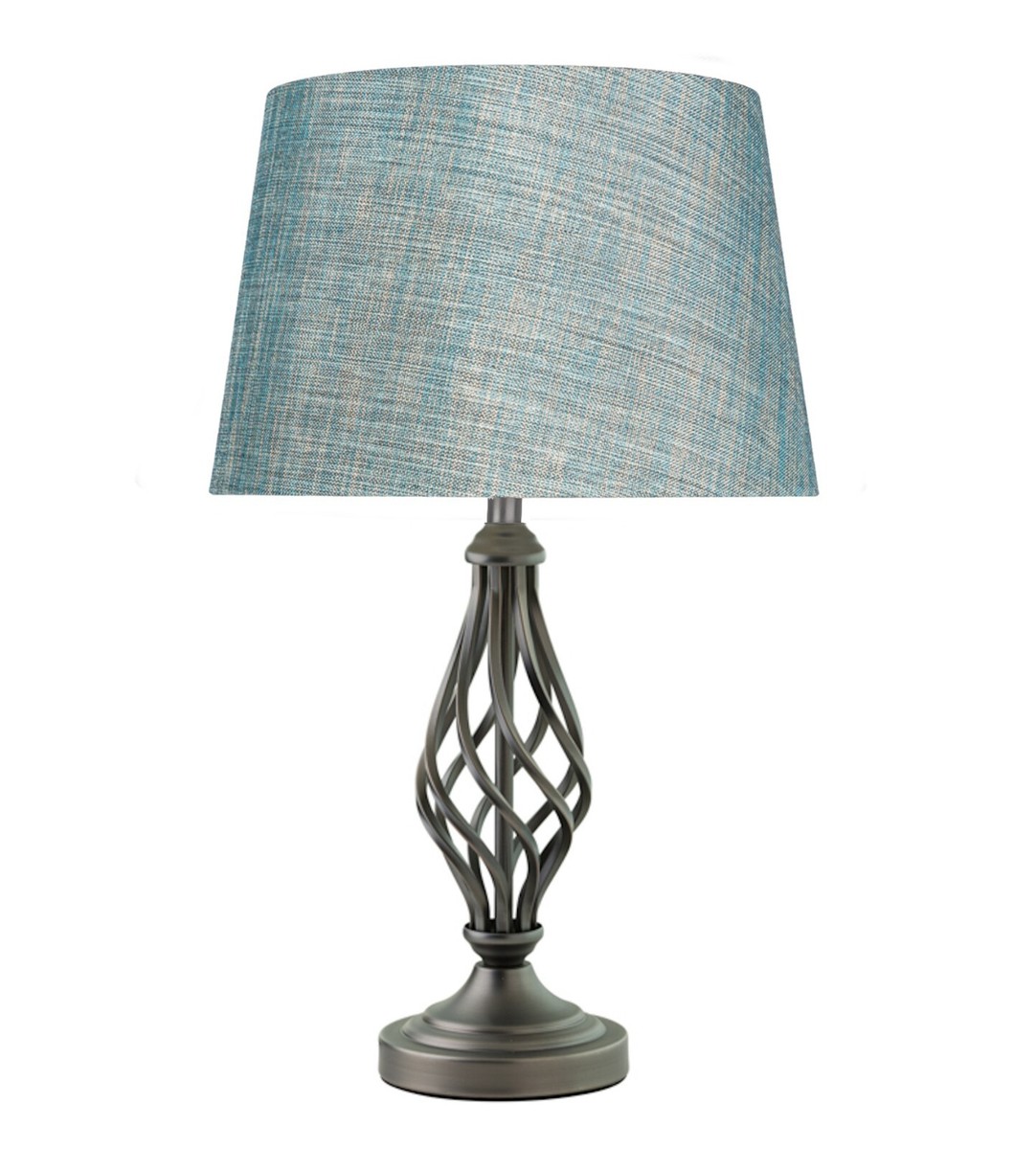 Table Lamp Queenswood Barley Twist Pewter Grey with Blue Linen