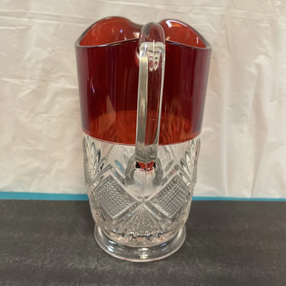 Ruby Red Glass Carved Starburst Handled Pitcher - Image 2 of 4