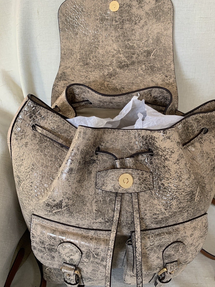 RALPH LAUREN BAG BACKPACK Croc Embossed Leather Tan Olive  display picture 1