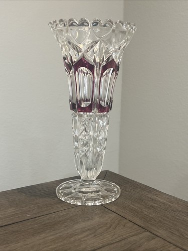 Vintage Ruby Red Hearts Crystal Vase By Anna Hutte Bleikristall 10” Tall - 第 1/9 張圖片