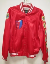 Men's Red Satin Jacket w. EAA Patch plus 7 SUN 'n FUN Patches 1990-96: Sz Large