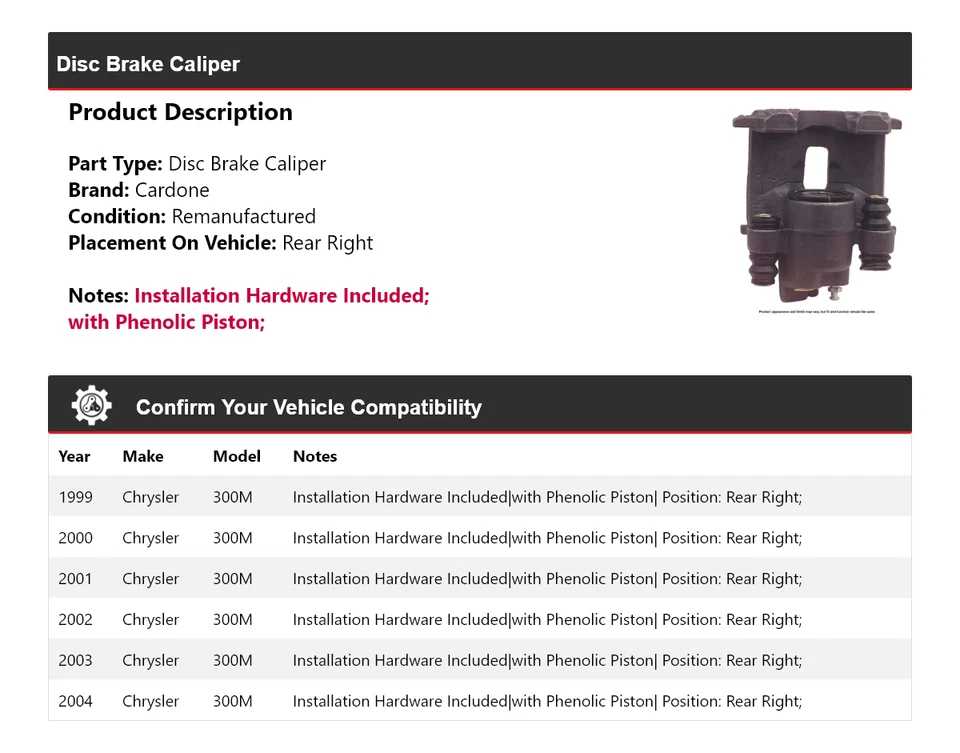 Pinza de freno de disco trasera derecha Cardone 2000 2001 2002 para Chrysler 300M 1999-2004 Foto 2 de 4