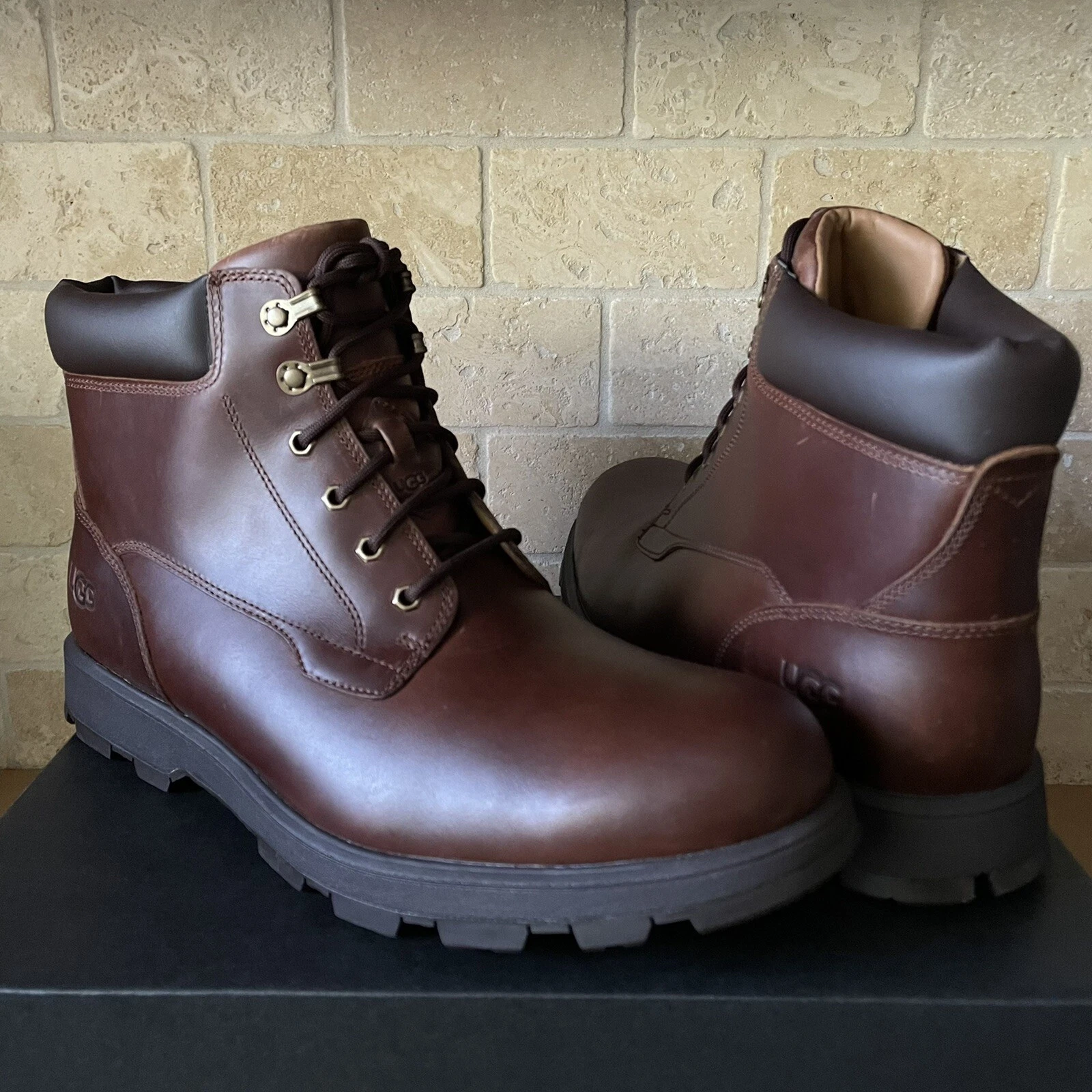 UGG Stenton Chestnut Waterproof Leather Sheepskin Lace-up Boots Shoe Size 13 Men