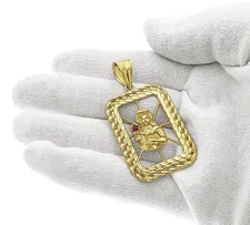 St Barbara Pendant 10k Yellow Gold Simulated Ruby Rope Border Charm 2.1 inch