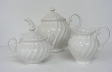 Vintage 4 Cup Teapot Sugar Bowl w Lid 12 Oz Creamer White Swirl Made in England