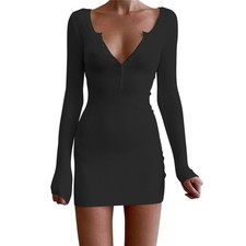 MINI DRESS LADIES LONG SLEEVE BODYCON DRESSES SEXY WOMENS V NECK KNITTED SWEATER