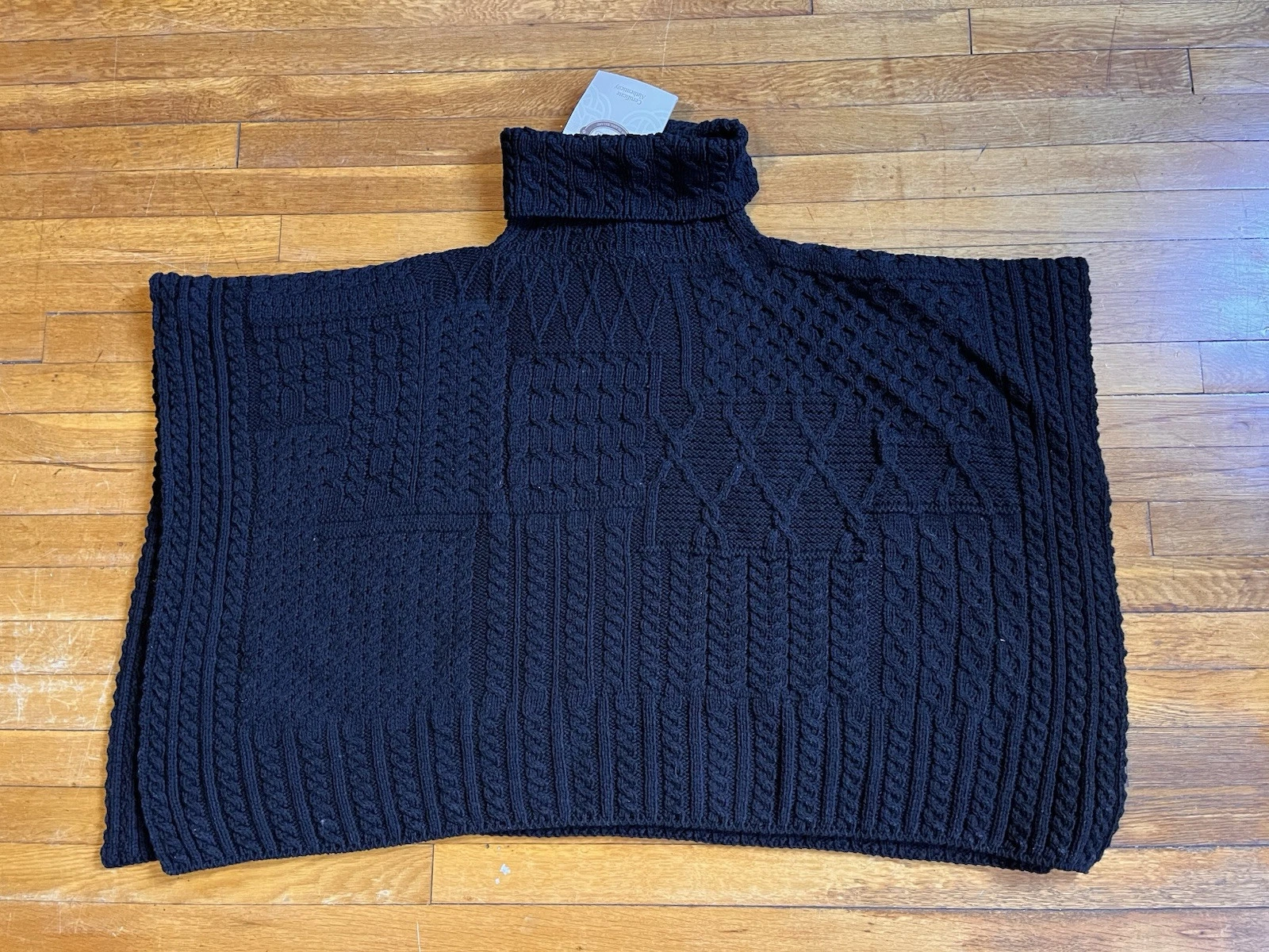 Aran Sweater Market Cowl Turtleneck Poncho Women's One Size Black Merino Wool