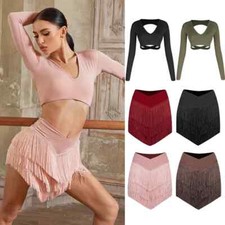 Latin Dance Clothes Long Sleeves Backless Tops Fringe Skirt Women Cha Cha Rumba