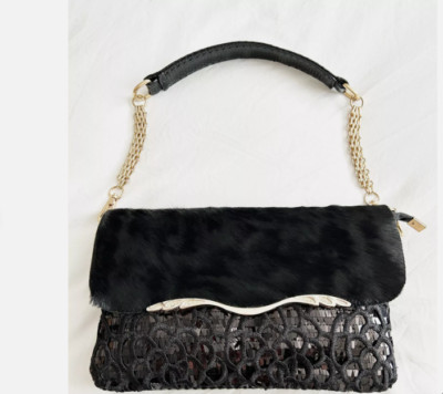 Chen Fei Jia Pony Hair Leather Shoulder Bag Sequins Mixed Gold Chain Strap
