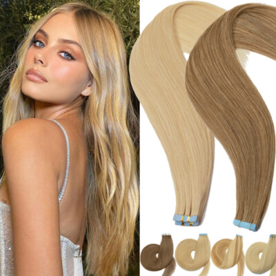 40pcs Tape In 100% Russian Human Hair Extensions Skin Weft Full Head Blonde 100g