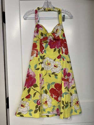 Boston Proper Halter Dress yellow floral swing retro rockabilly Cottage Fairy