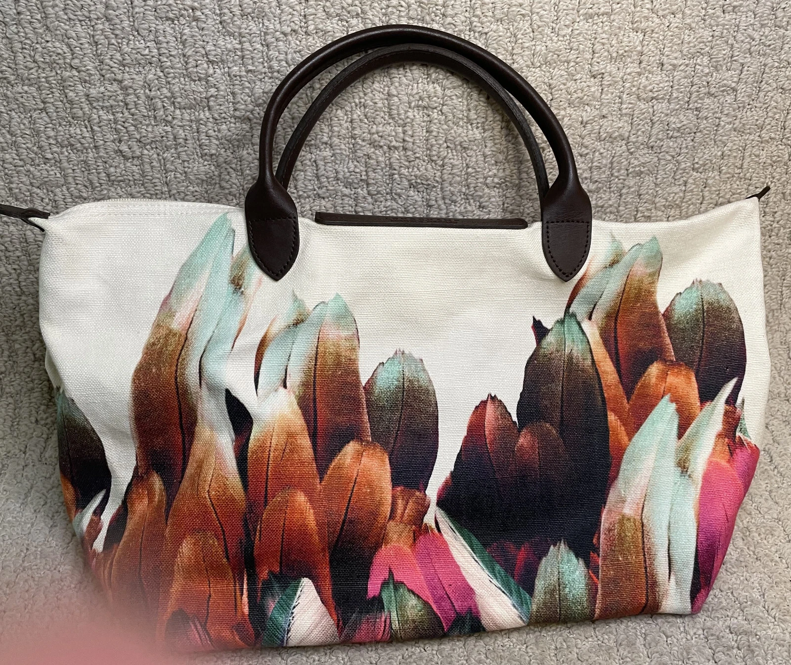 Borsa a mano Longchamp Le Pliage grande stampa piuma tela tote bag Ltd Ed rosso blu