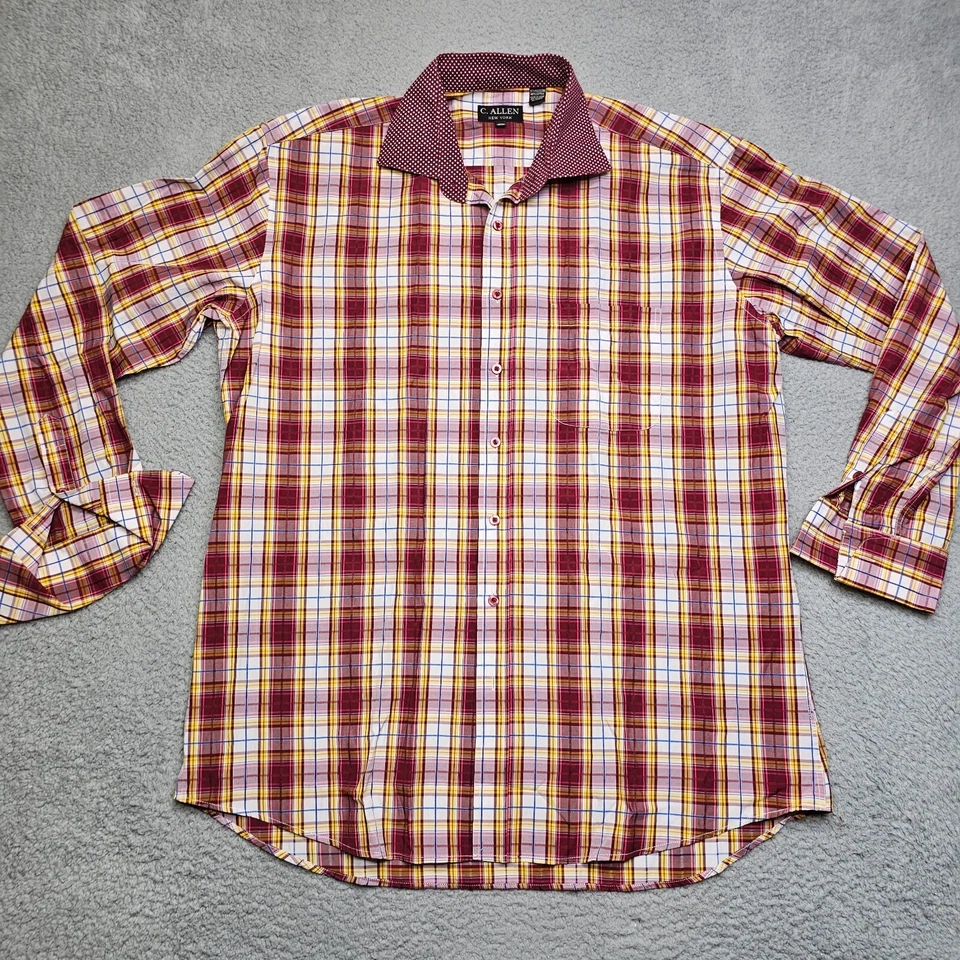 Camisa de vestir C. Allen para hombre 17,5 cuadros manga larga abotonada diseñador Foto 3 de 4