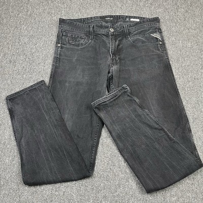 Replay Jeans Mens W32 L32 Black Anbass M914 Slim Fit Stretch Denim Casual