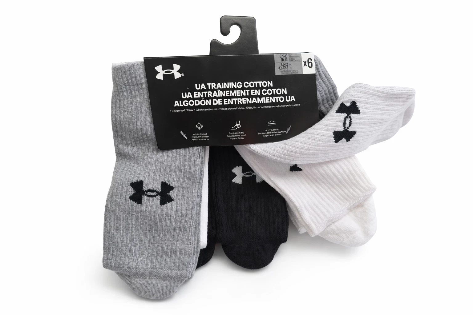 Under Armour Unisex Large Training Cotton Crew Socks 6 Pack Steel White Black