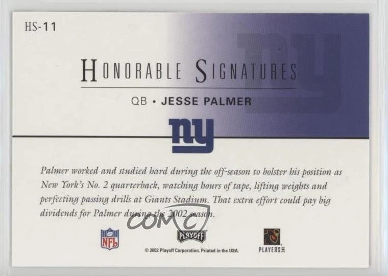 2002 Playoff Honors Honorable Signatures Jesse Palmer #HS-11 Auto - Image 2 of 2