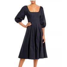 STAUD Swells Black Cotton Blend Square Neck Puff Sleeve Midi Dress - Size 10