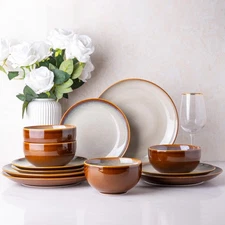Ceramic Dinnerware Sets for 4, Coupe Plates and Bowls Sets,Highly Chip and Cr...