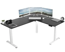 VIVO Electric 63" x 55" Corner Stand Up Desk, Black Table Top, White Frame