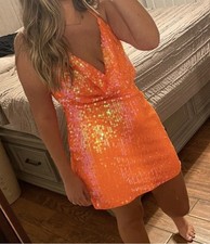 NWT Pretty little thing orange sequin cowl neck halter dress size 0