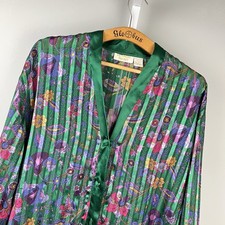 Vintage Victoria's Secret Pajama Top Womens L Green Satin Floral Gold Label