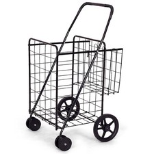 Folding Shopping Cart for Laundry with Swiveling Wheels and Dual Storage Baskets