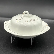 Atq Johnson Bros England Ironstone Covered Butter Dish Cheese Keeper Gold Trim