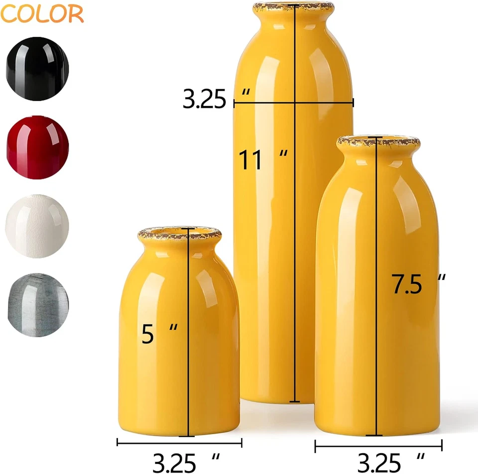 -Juego de 3 jarrones de cerámica amarilla, jarrones decorativos para el hogar, decoración moderna de granja Foto 2 de 4