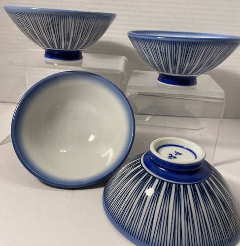 4 Vintage Japanese Porcelain Rice Bowls Sometsuke Blue Stripes Hand Painted - Picture 1 of 4