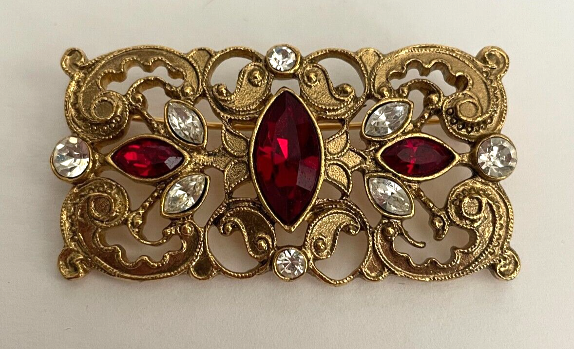 Vintage 1928 Brand Red & Clear Jeweled Brooch Lapel Pin Gold-tone 2