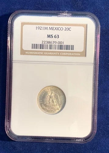 MEXICO ESTADOS UNIDOS  1921  20 CENTAVOS COIN NGC CERT. CHOICE UNCIRCULATED MS63