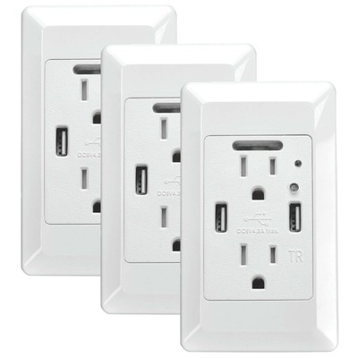 4.2A High Speed USB Wall Outlet Receptacle Plug Socket w/ Sensor Nightlight 3 PK