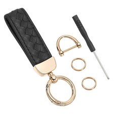 Genuine Leather Car Keychain Key Chain with Gold Tone Anti-Lost D-Ring, Black