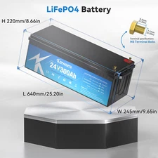 24V 300Ah LiFePO4 Deep Cycle Lthium Battery BMS 7,680W Load Power 8KWh Energy RV