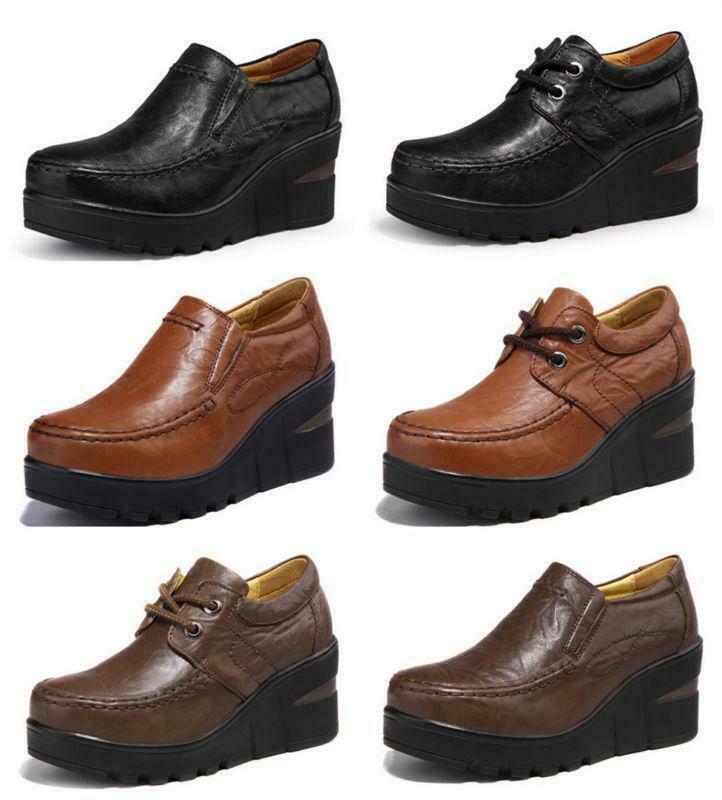 Vintage Womens Leather Slip-On & Lace-Up Platform Wedge Work Heels Soft Sole